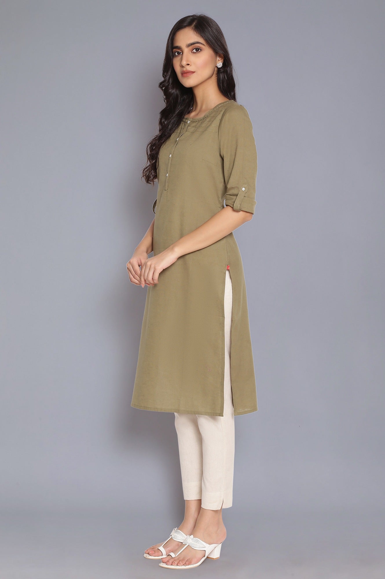 Green Round Neck Solid kurta