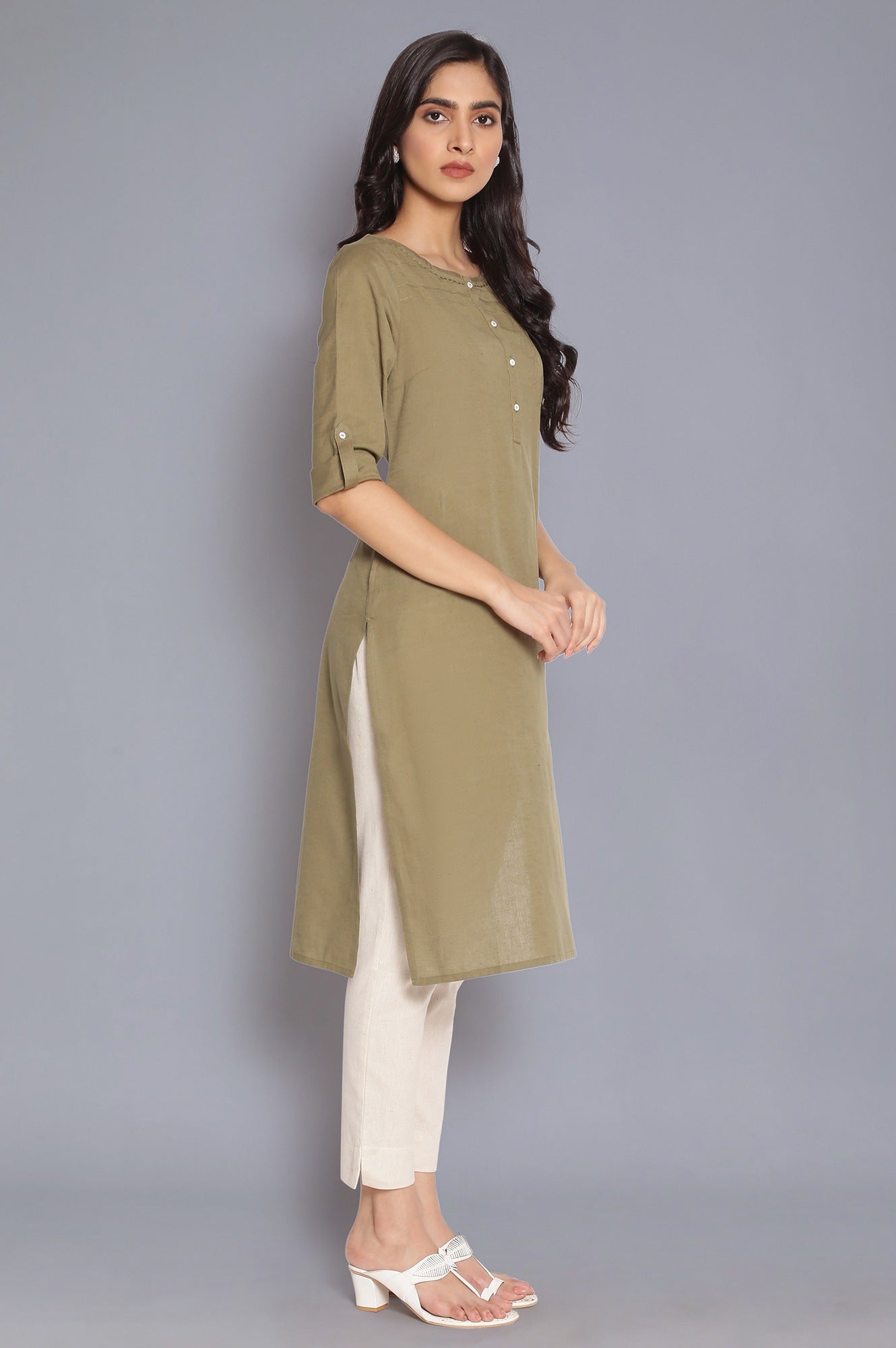 Green Round Neck Solid kurta