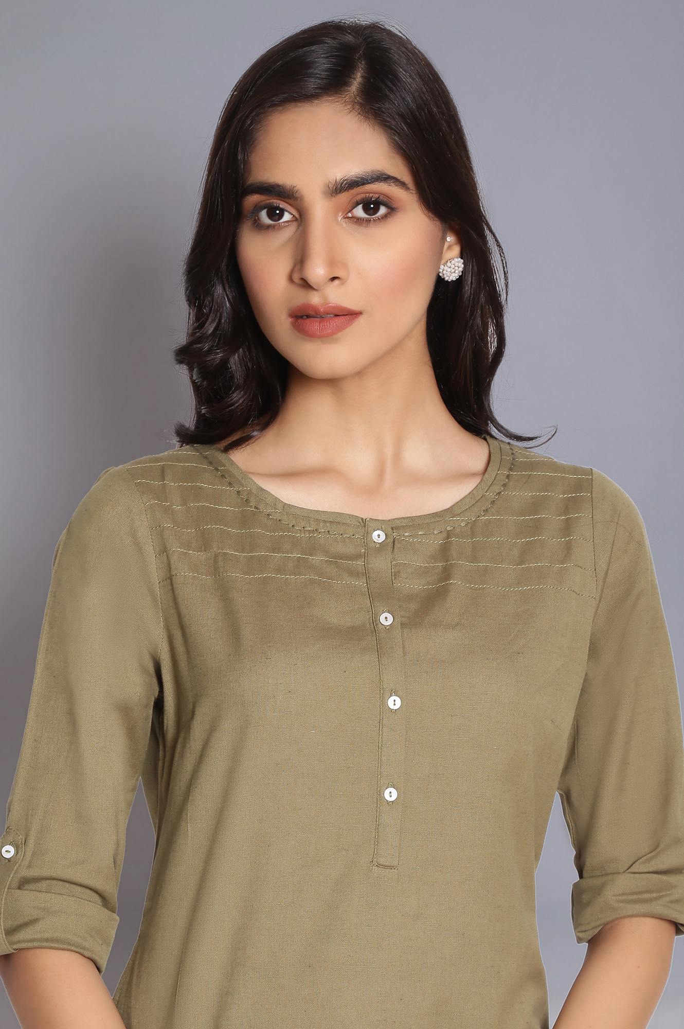 Green Round Neck Solid kurta