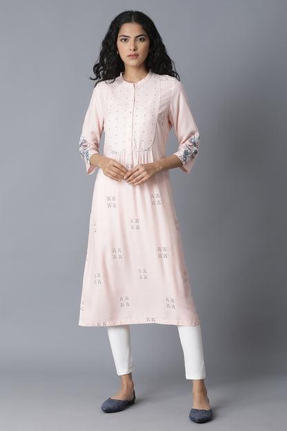 Peach Pink Flamingo Embroidery kurta