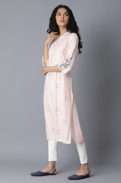 Peach Pink Flamingo Embroidery kurta