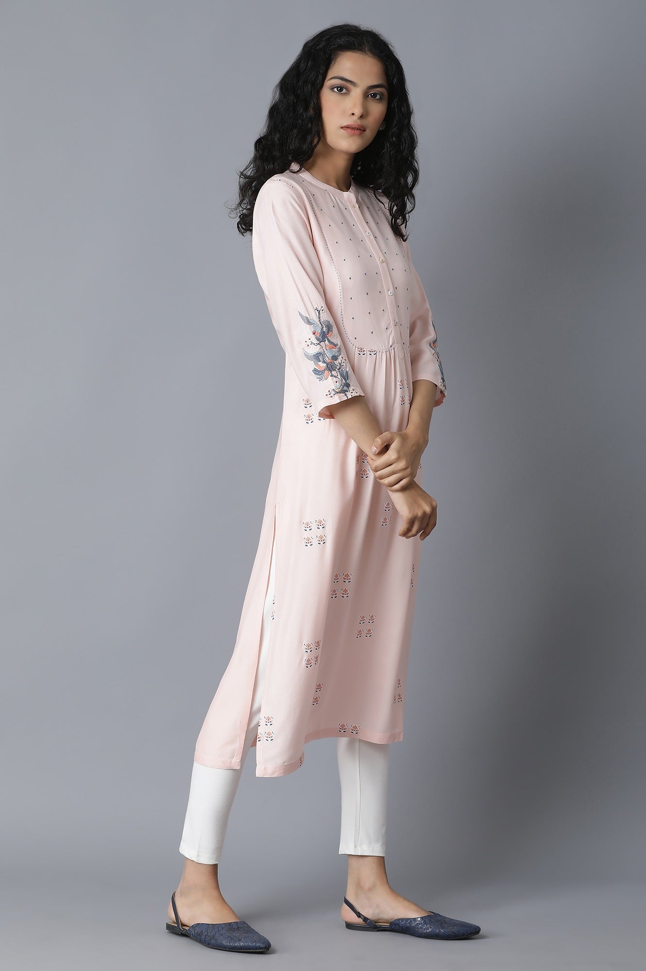 Peach Pink Flamingo Embroidery kurta