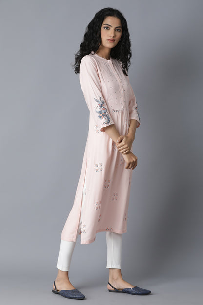 Peach Pink Flamingo Embroidery kurta