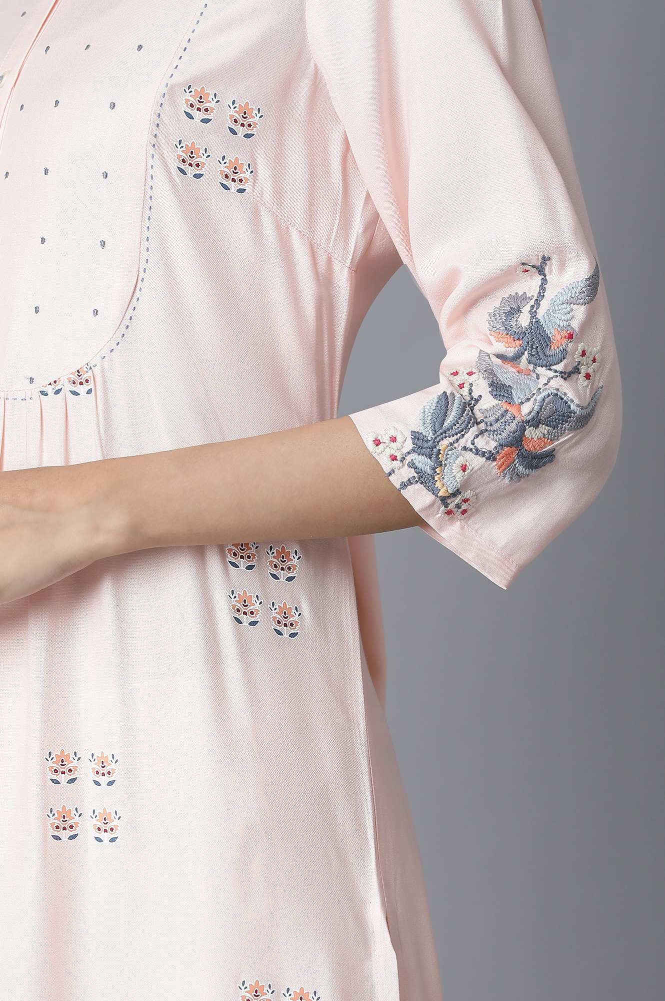 Peach Pink Flamingo Embroidery kurta