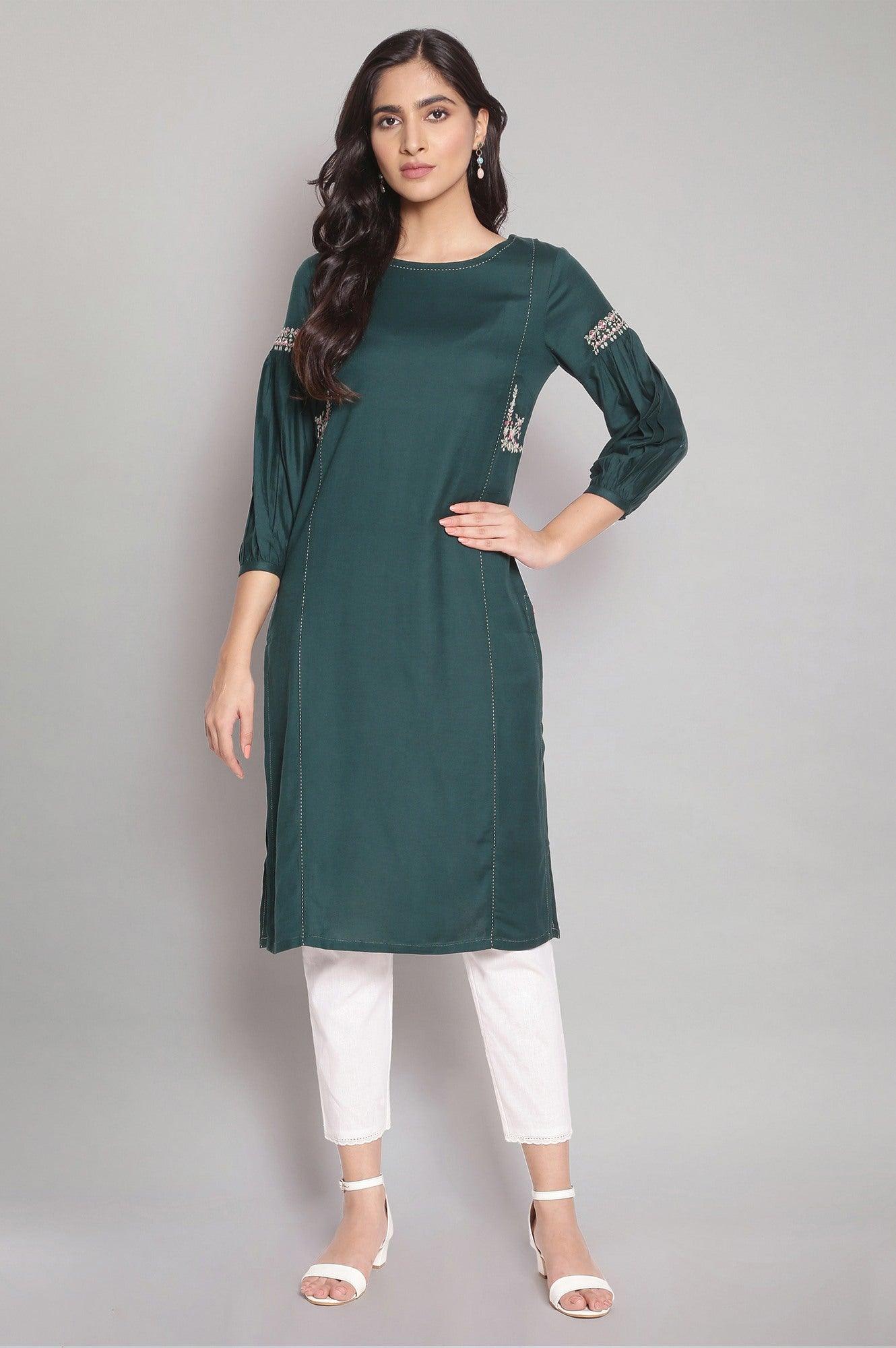 Dark Green Embroidered kurta - wforwoman