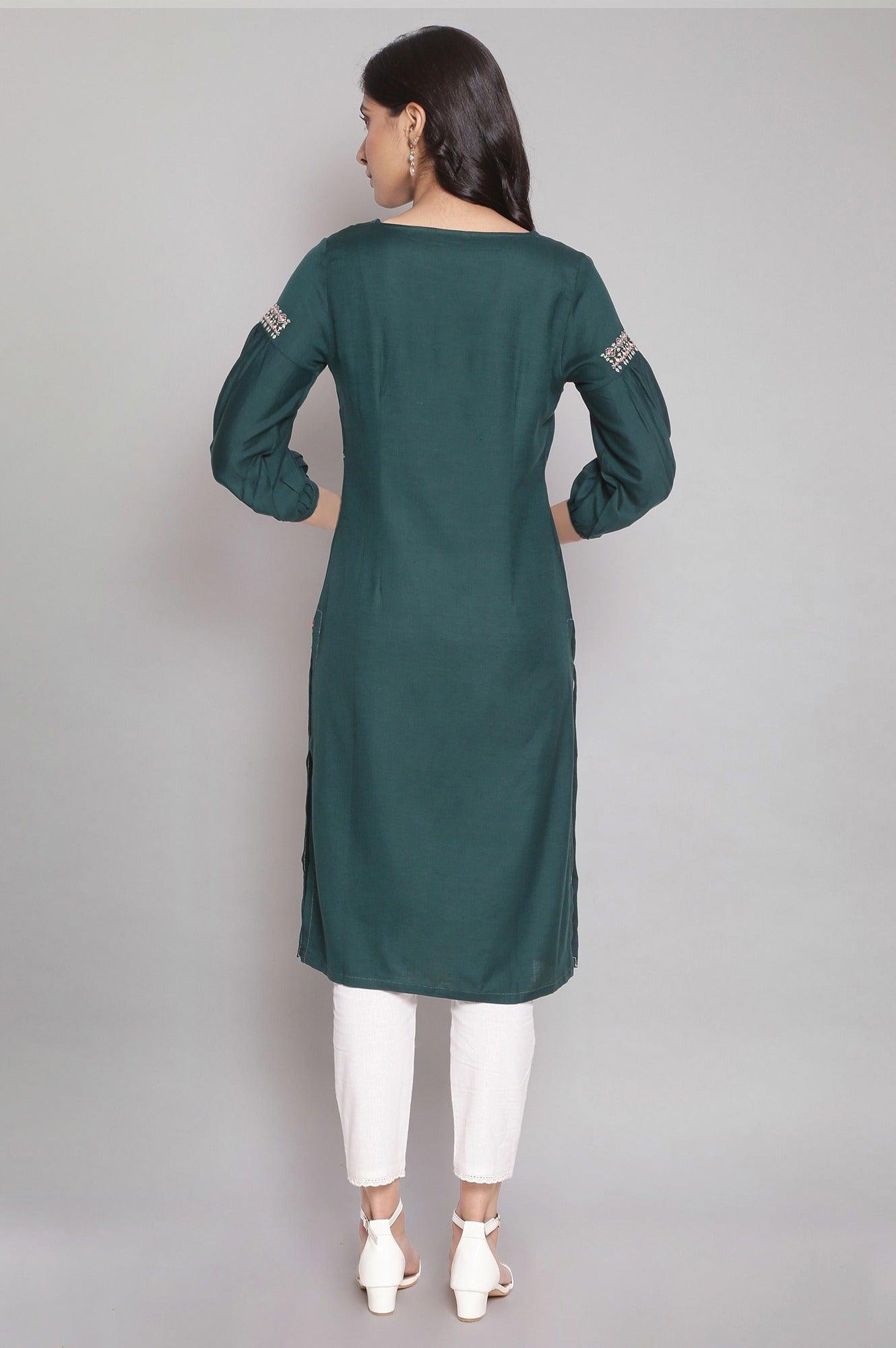 Dark Green Embroidered kurta - wforwoman