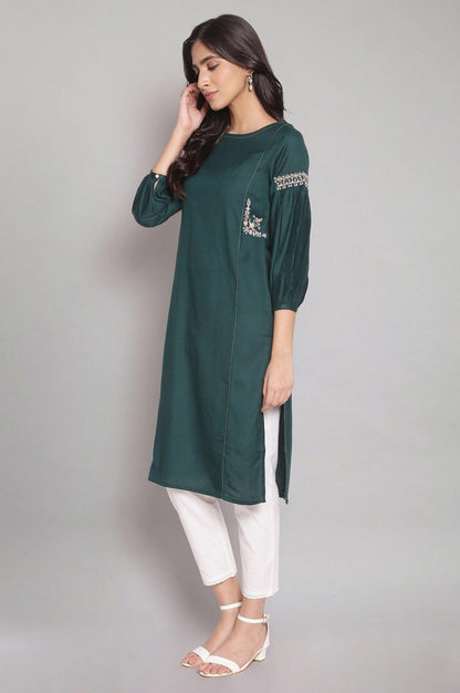 Dark Green Embroidered kurta - wforwoman