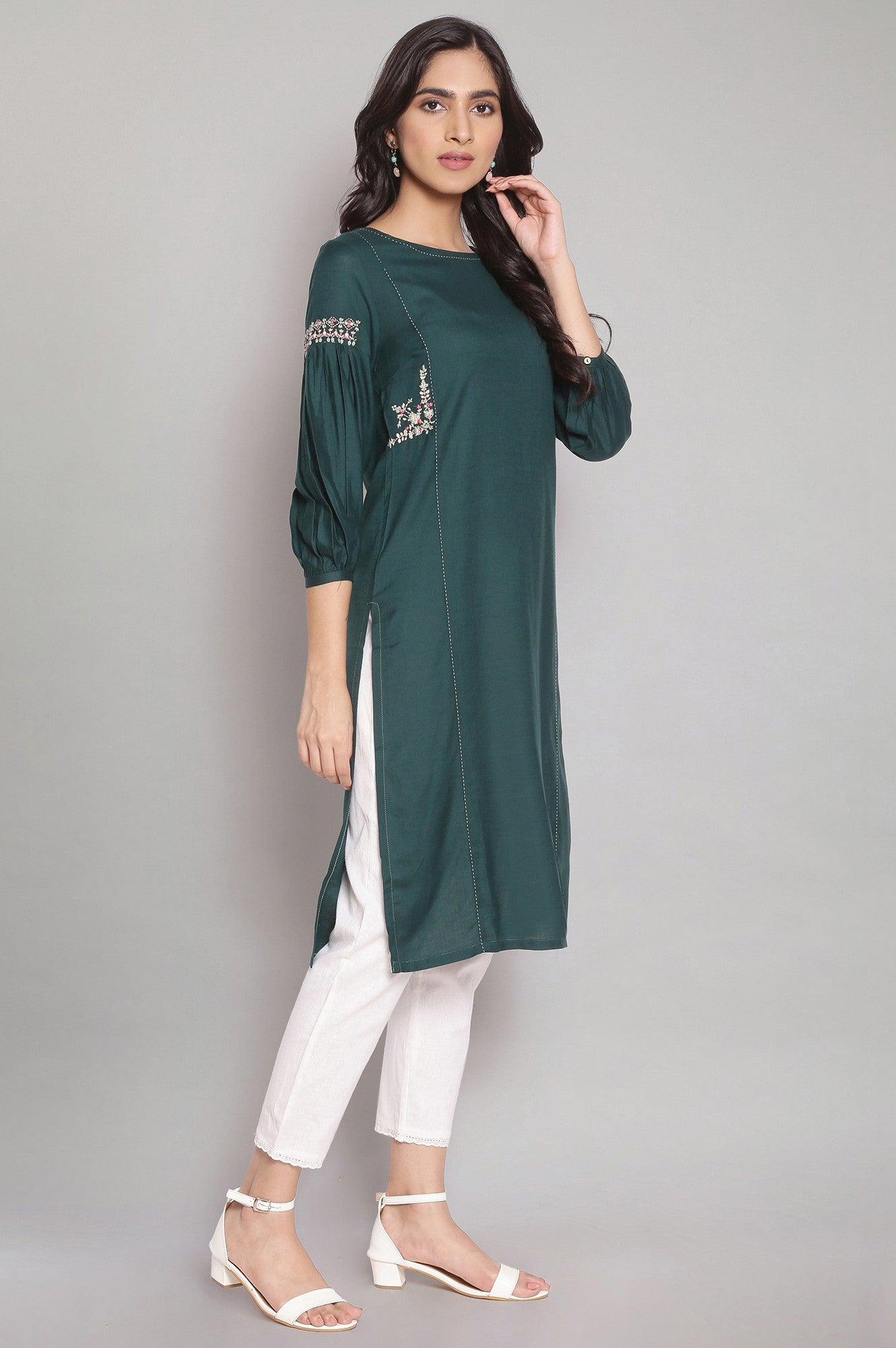 Dark Green Embroidered kurta - wforwoman