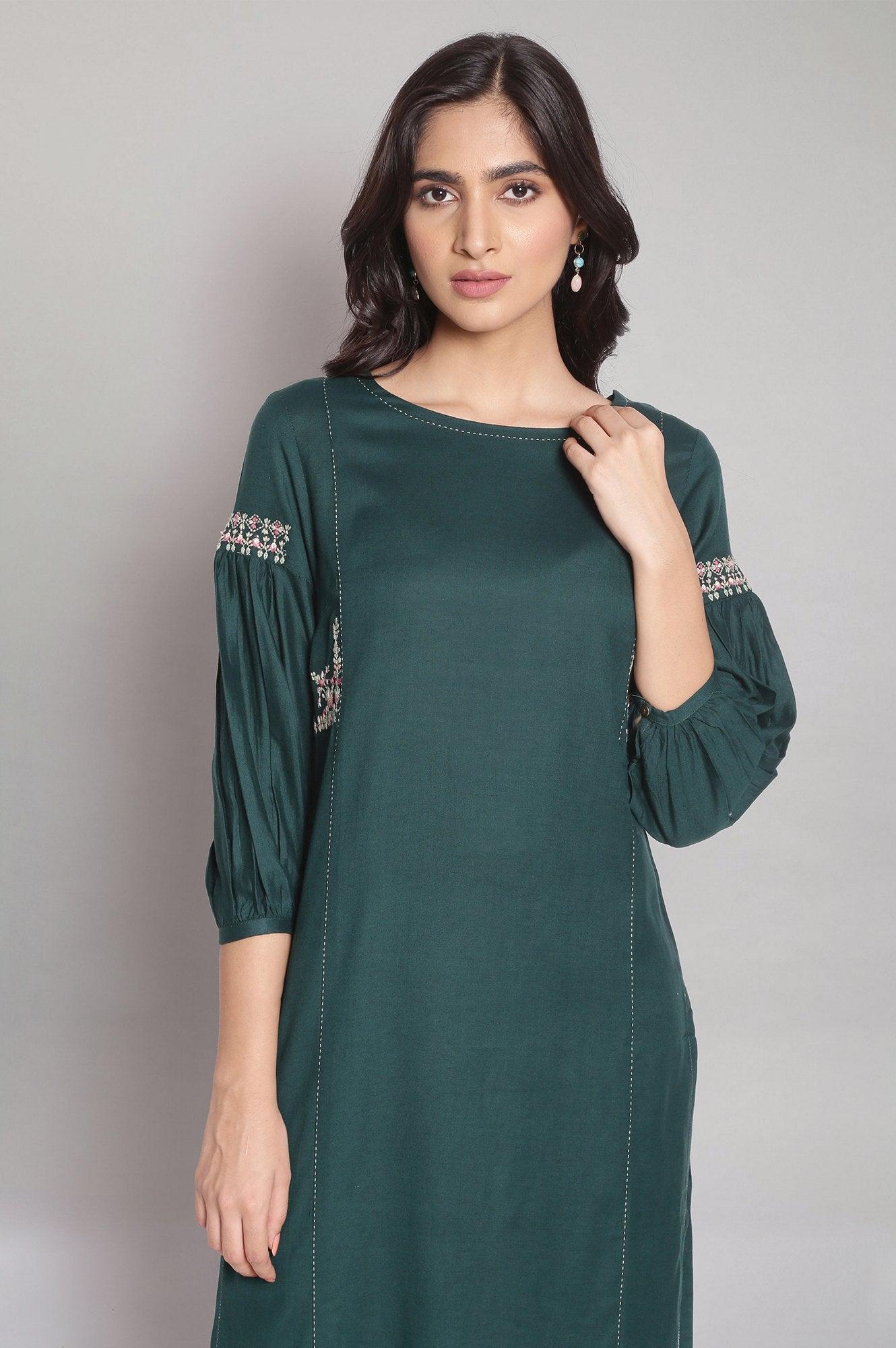 Dark Green Embroidered kurta - wforwoman