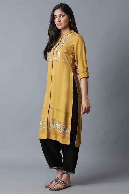 Yellow Embroidered and Printed Shirt kurta - wforwoman