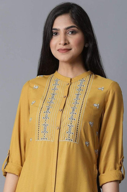 Yellow Embroidered and Printed Shirt kurta - wforwoman