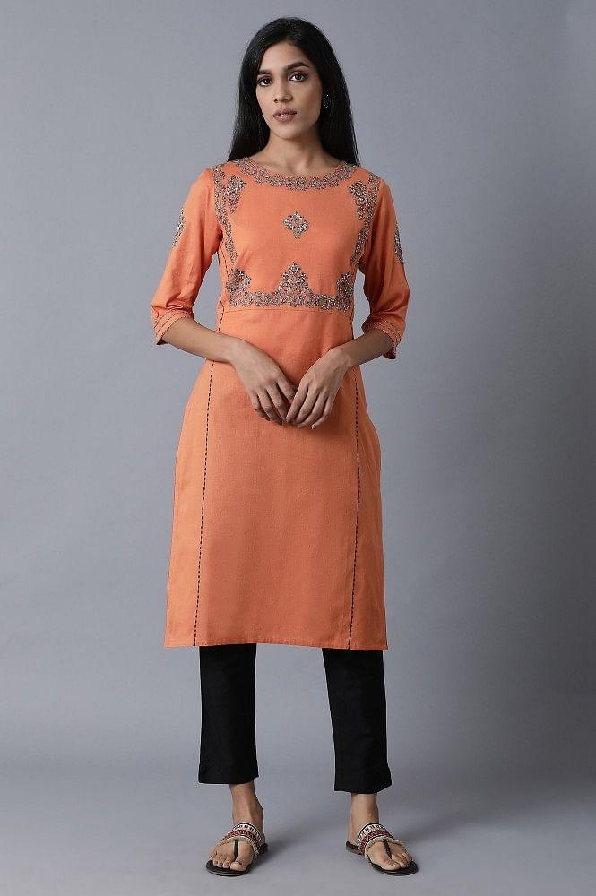 Orange Embroidered Straight kurta - wforwoman