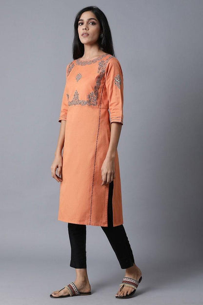 Orange Embroidered Straight kurta - wforwoman