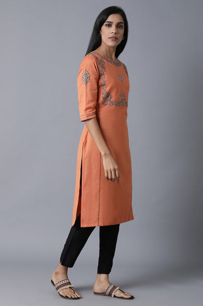 Orange Embroidered Straight kurta