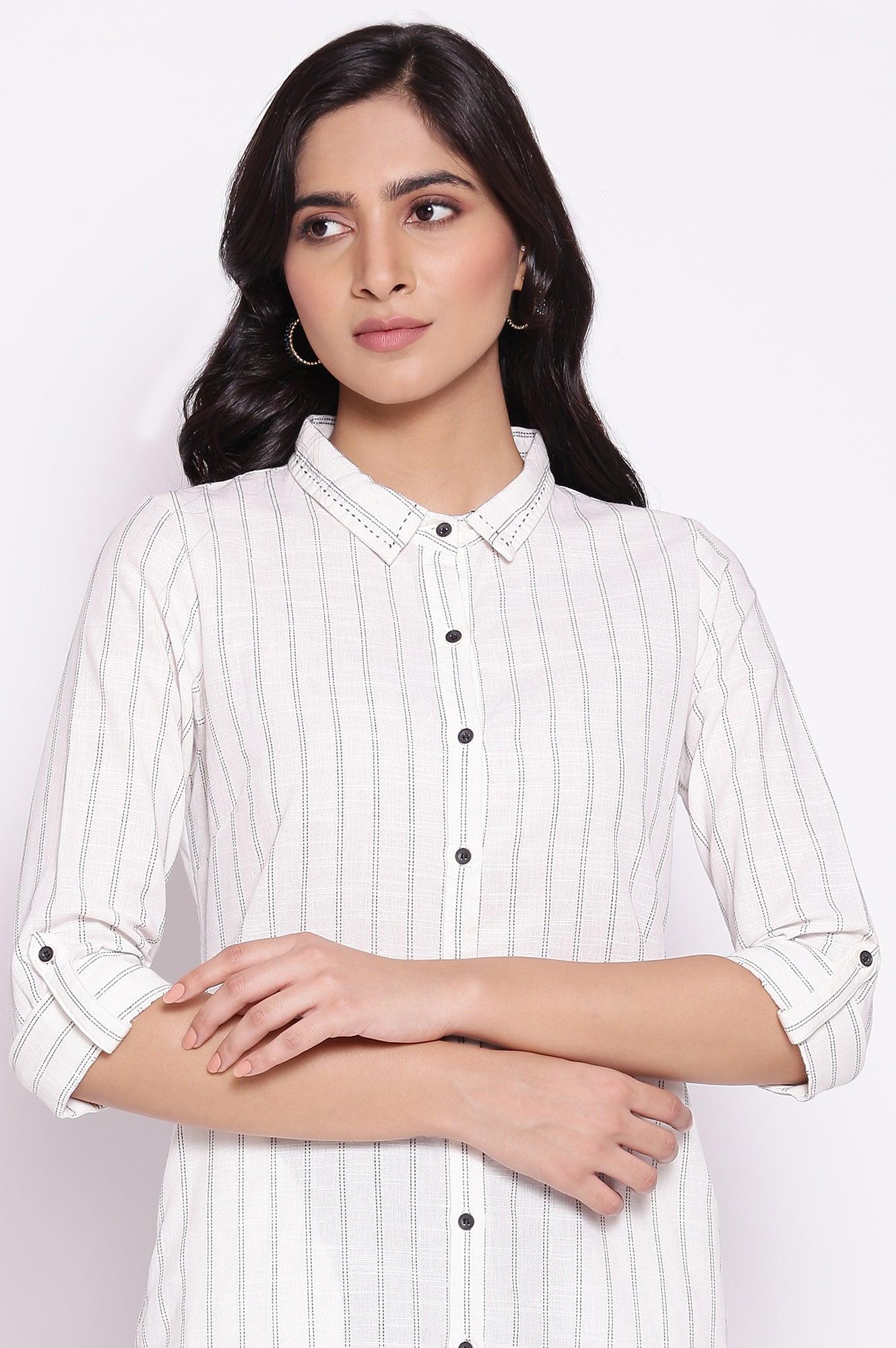 Ecru Striped Shirt Collar kurta - wforwoman