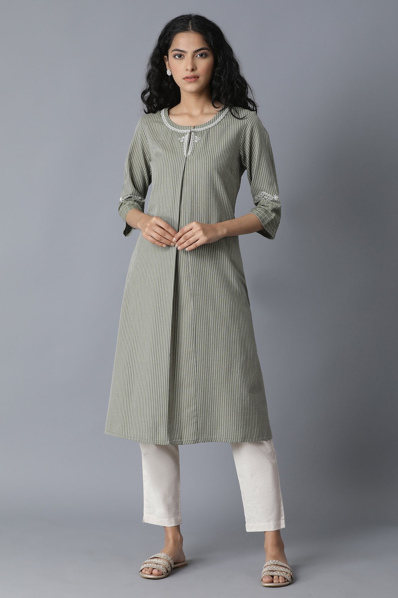 Green Striped A-line kurta