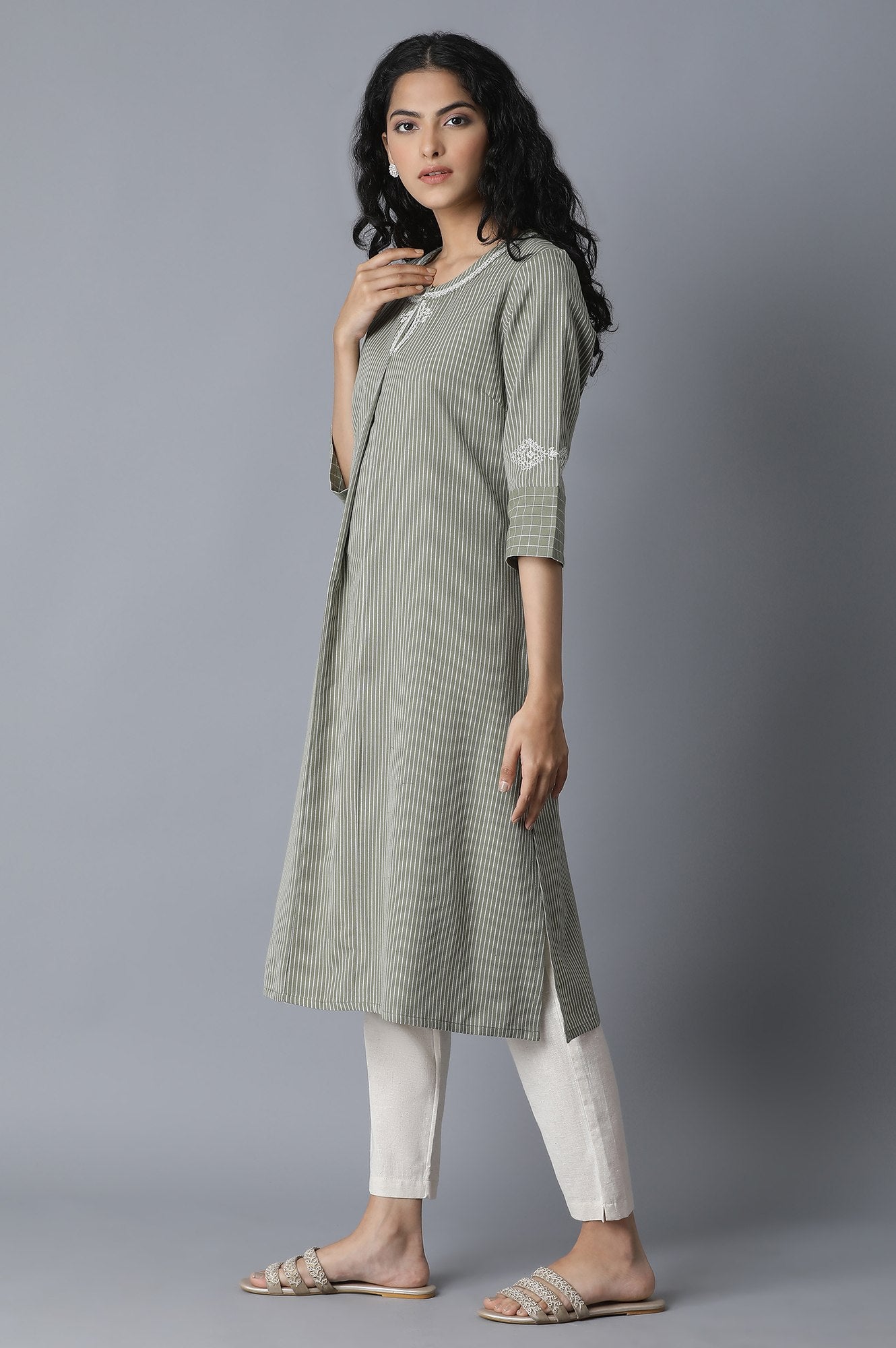 Green Striped A-line kurta