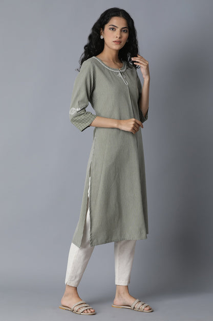 Green Striped A-line kurta