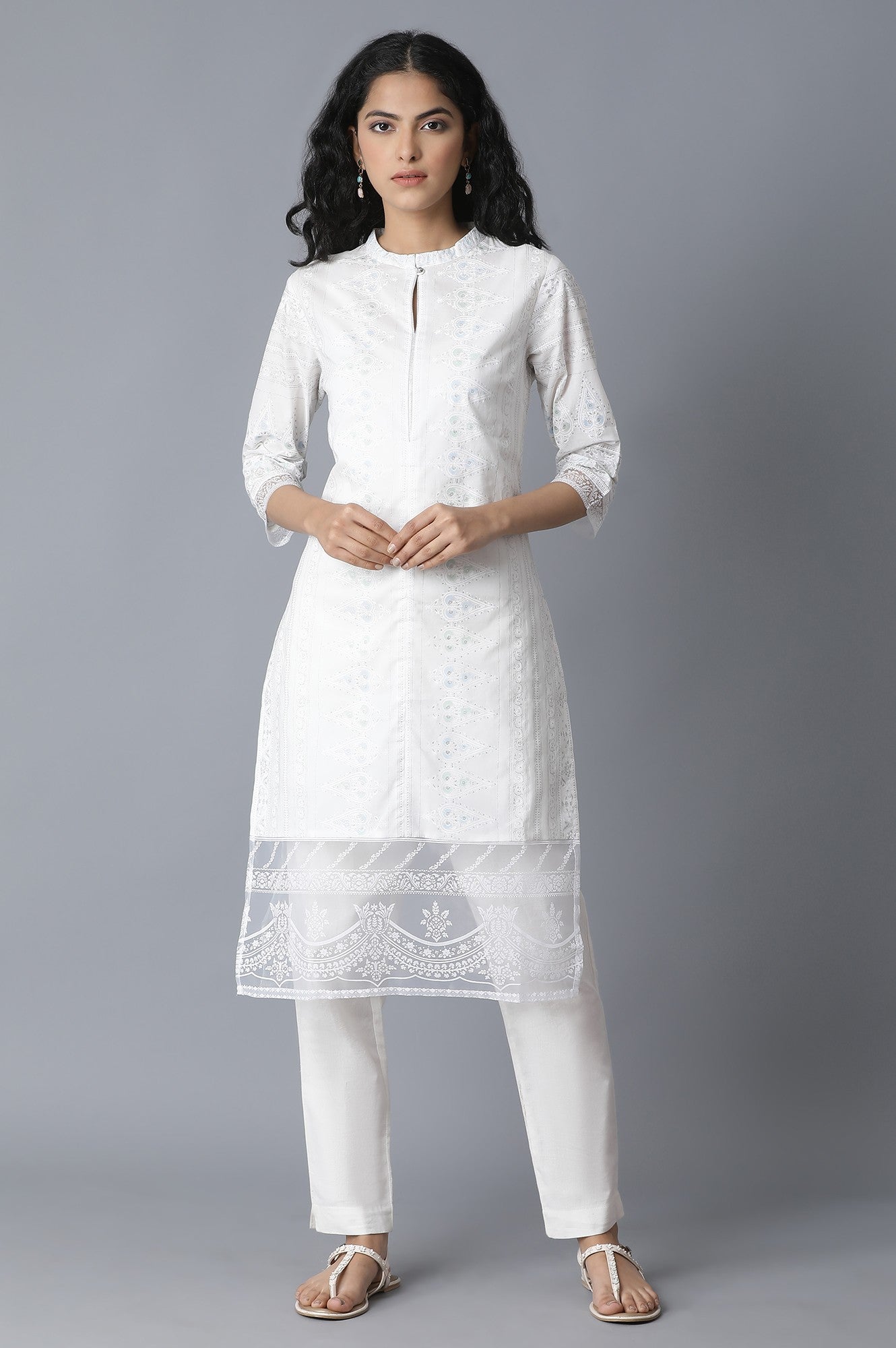 Ecru Printed Straight kurta