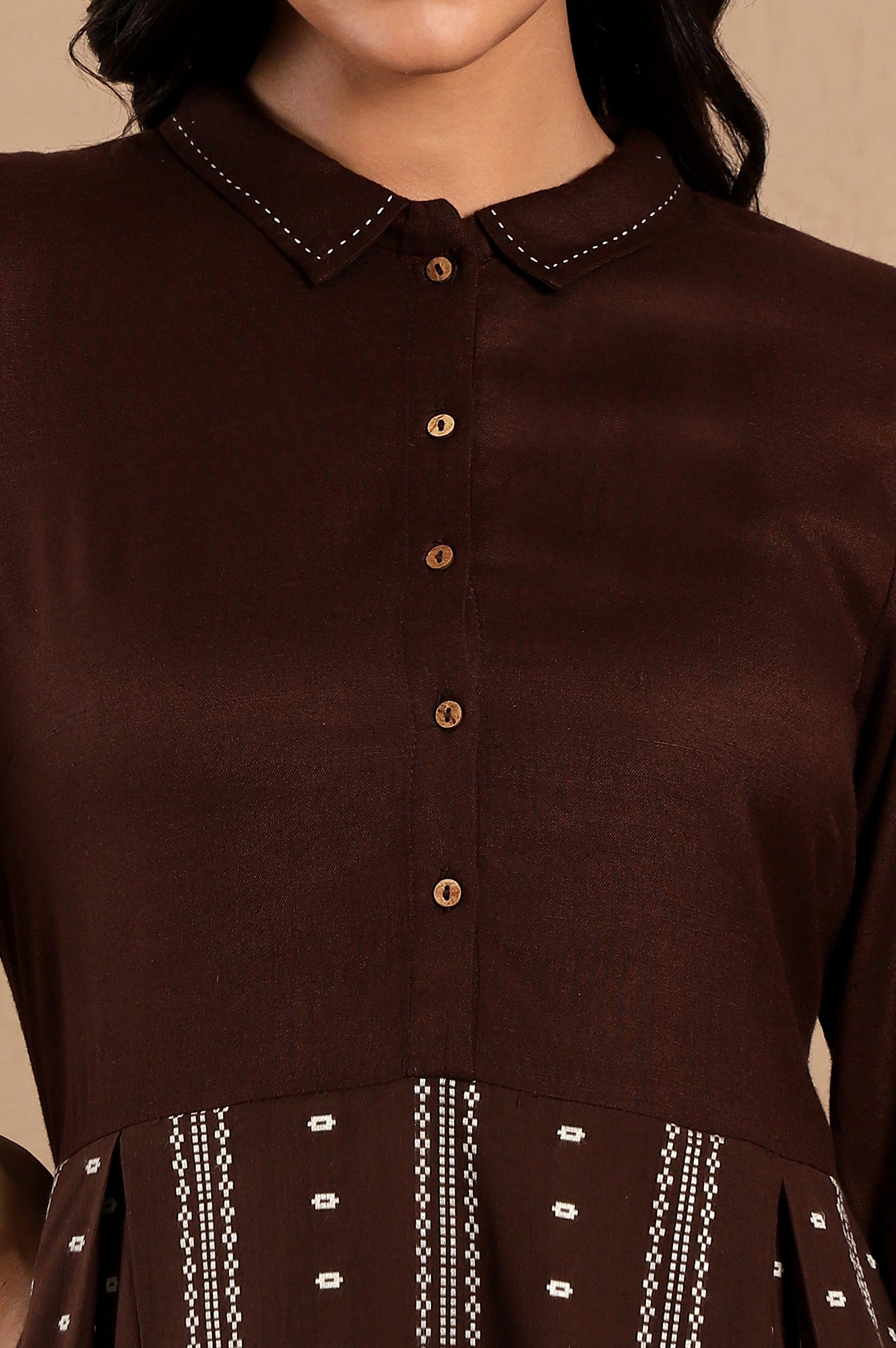 Brown Printed Shirt Collar Flared Kurta With Minimal Thread Work