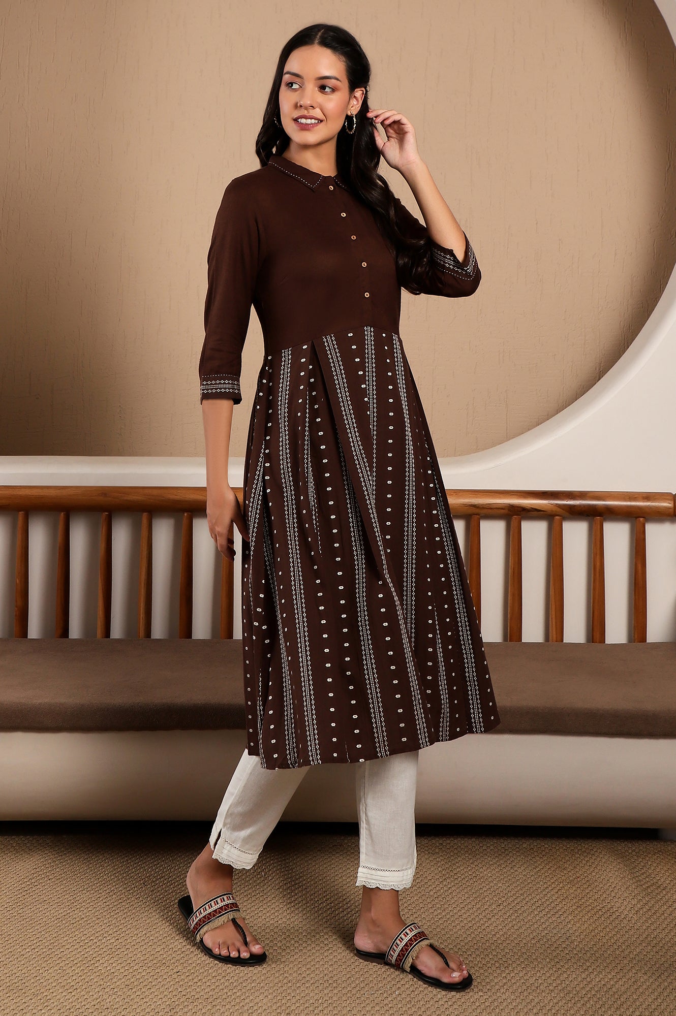 Brown Printed Shirt Collar Flared Kurta With Minimal Thread Work