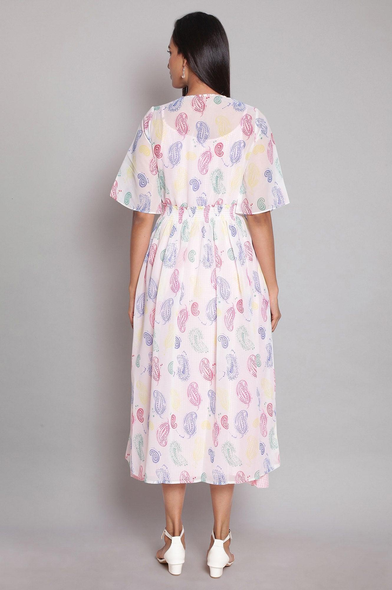 Ecru Layered Dress with Multicoloured Print - wforwoman