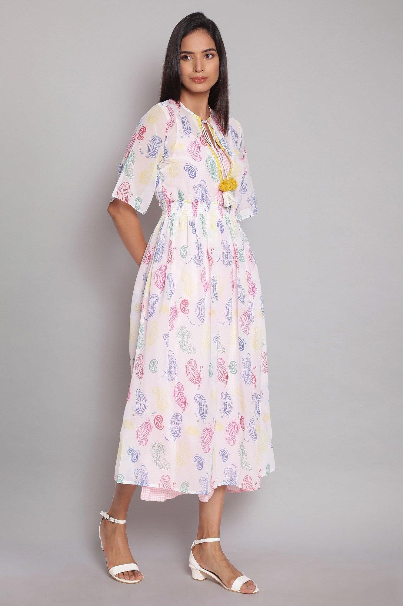 Ecru Layered Dress with Multicoloured Print - wforwoman