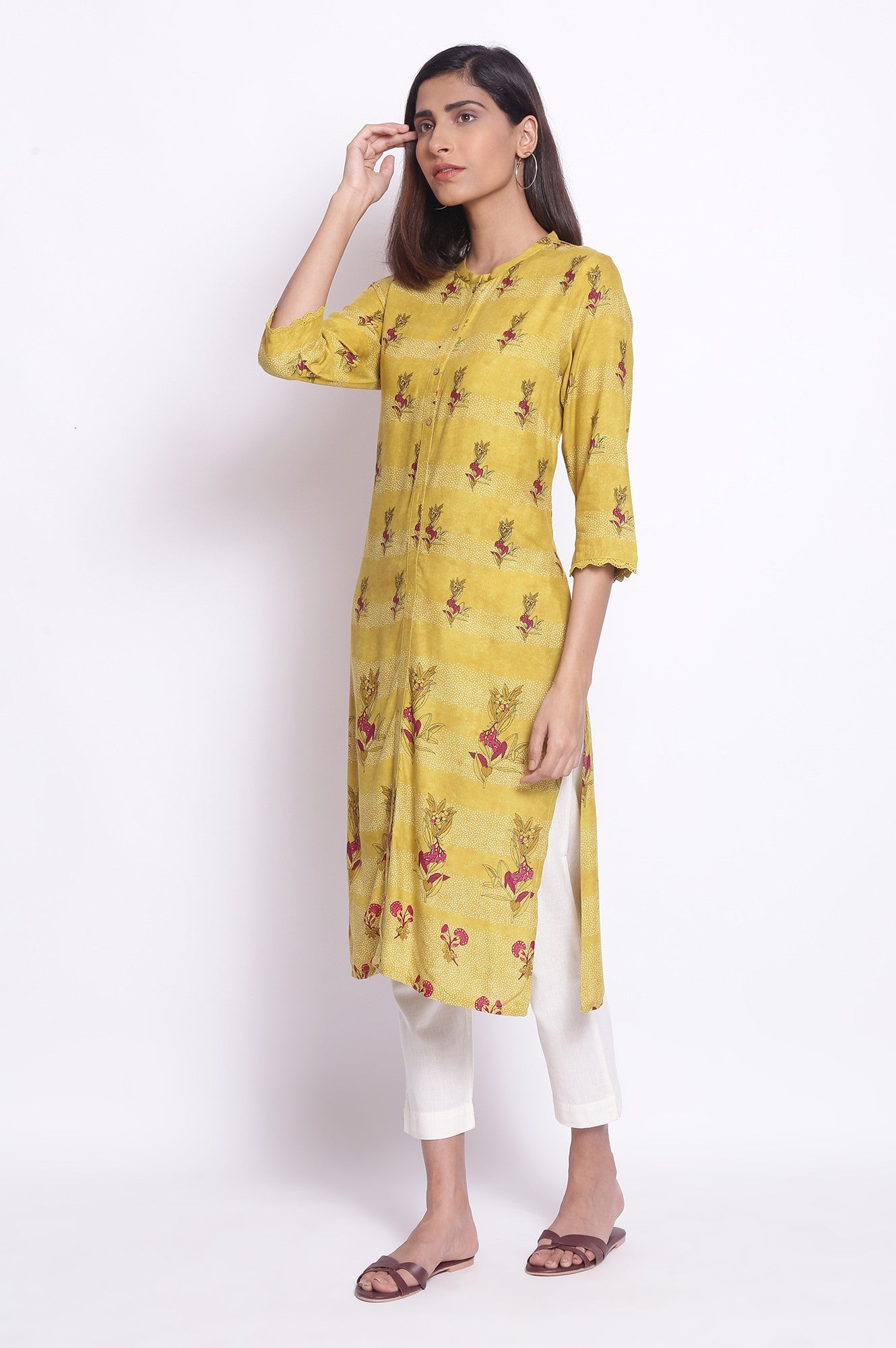 Celery Yellow Placement Print kurta