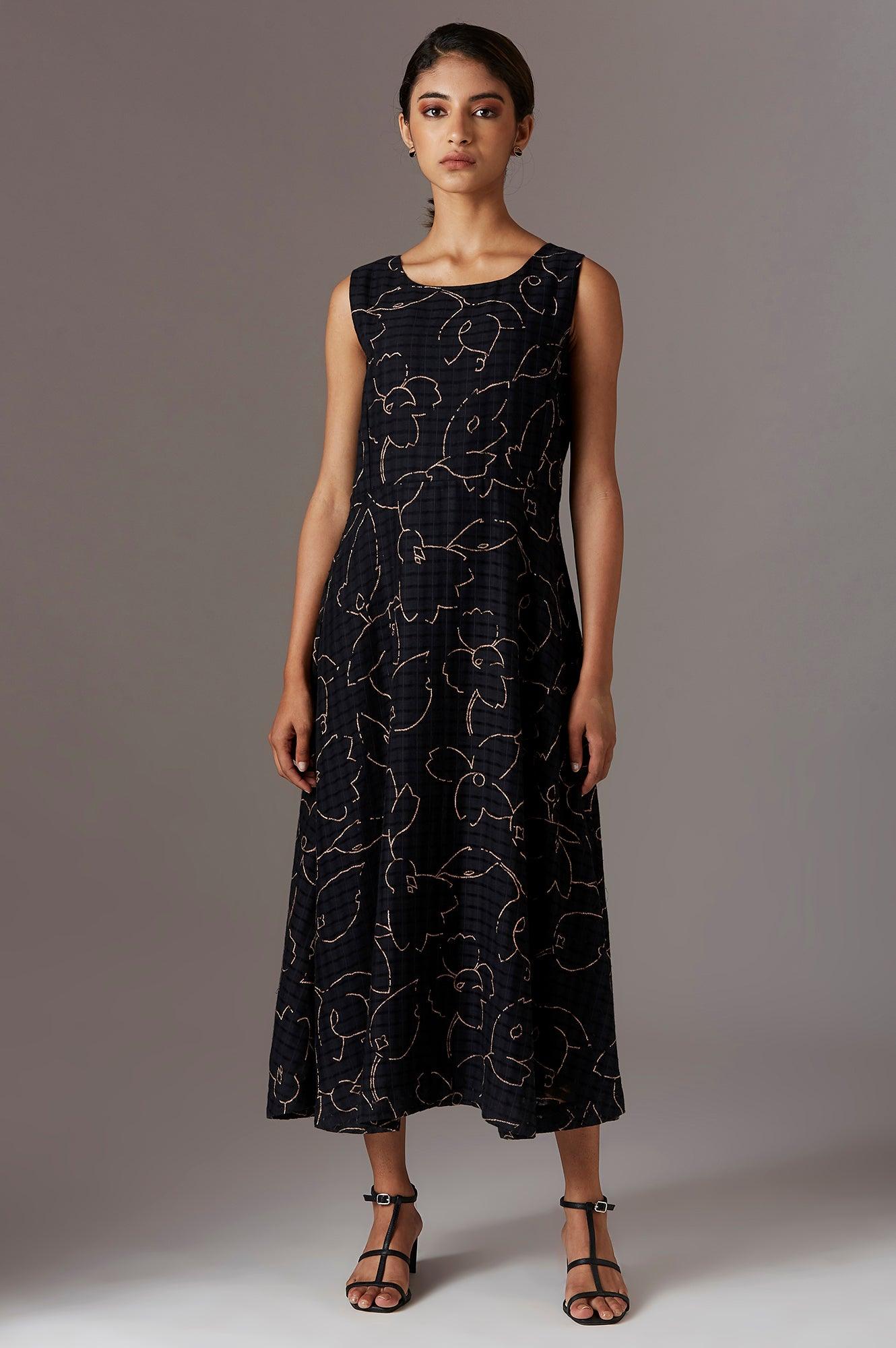 Black Sleeveless printed Dress - wforwoman