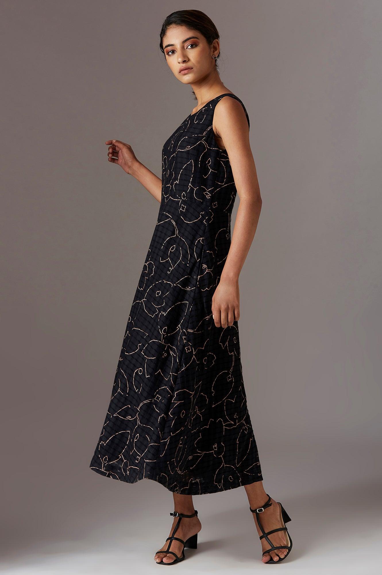 Black Sleeveless printed Dress - wforwoman