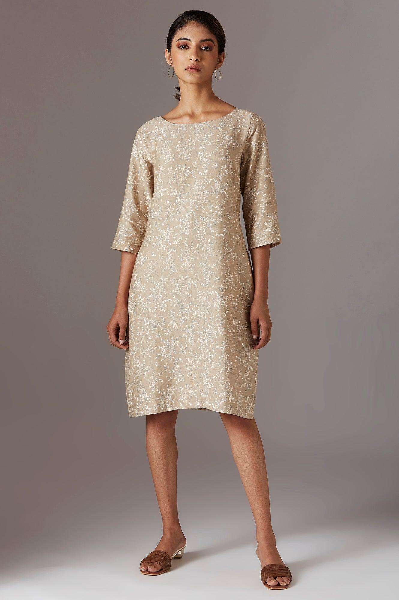 Beige Rayon Flex Printed Dress - wforwoman