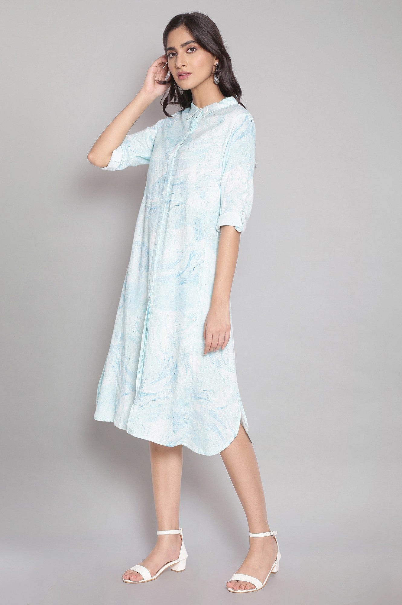 Light Blue Marble Print Shirt Dress