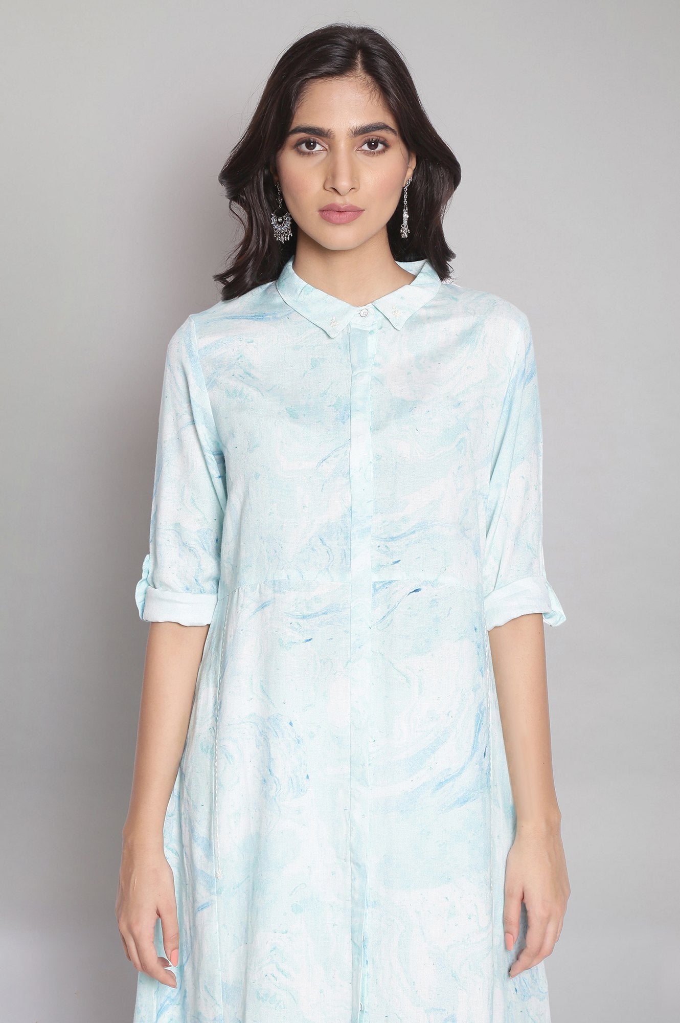 Light Blue Marble Print Shirt Dress