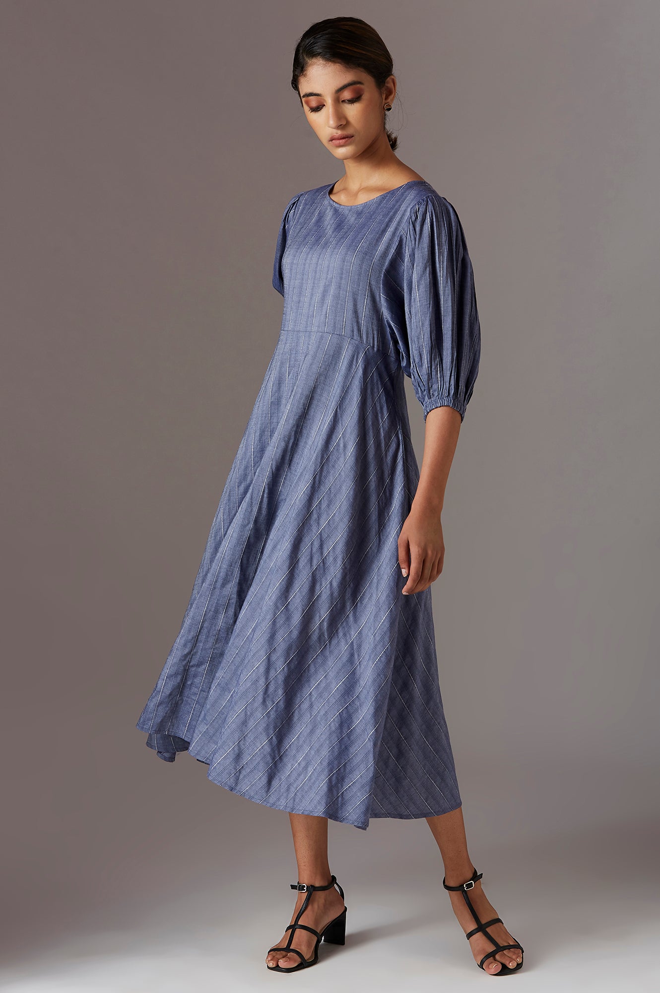 Blue Yarn Dyed Stripes Fabric Flared Dress