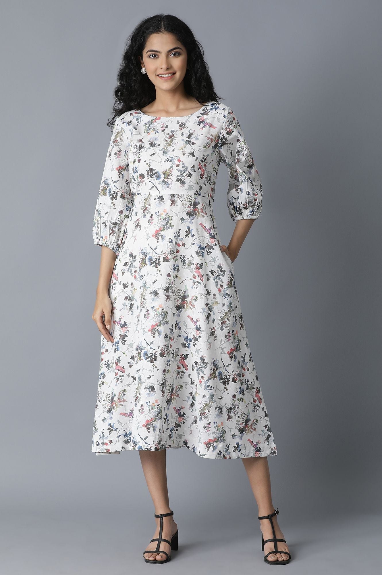 Ecru Floral Print Flared Dress