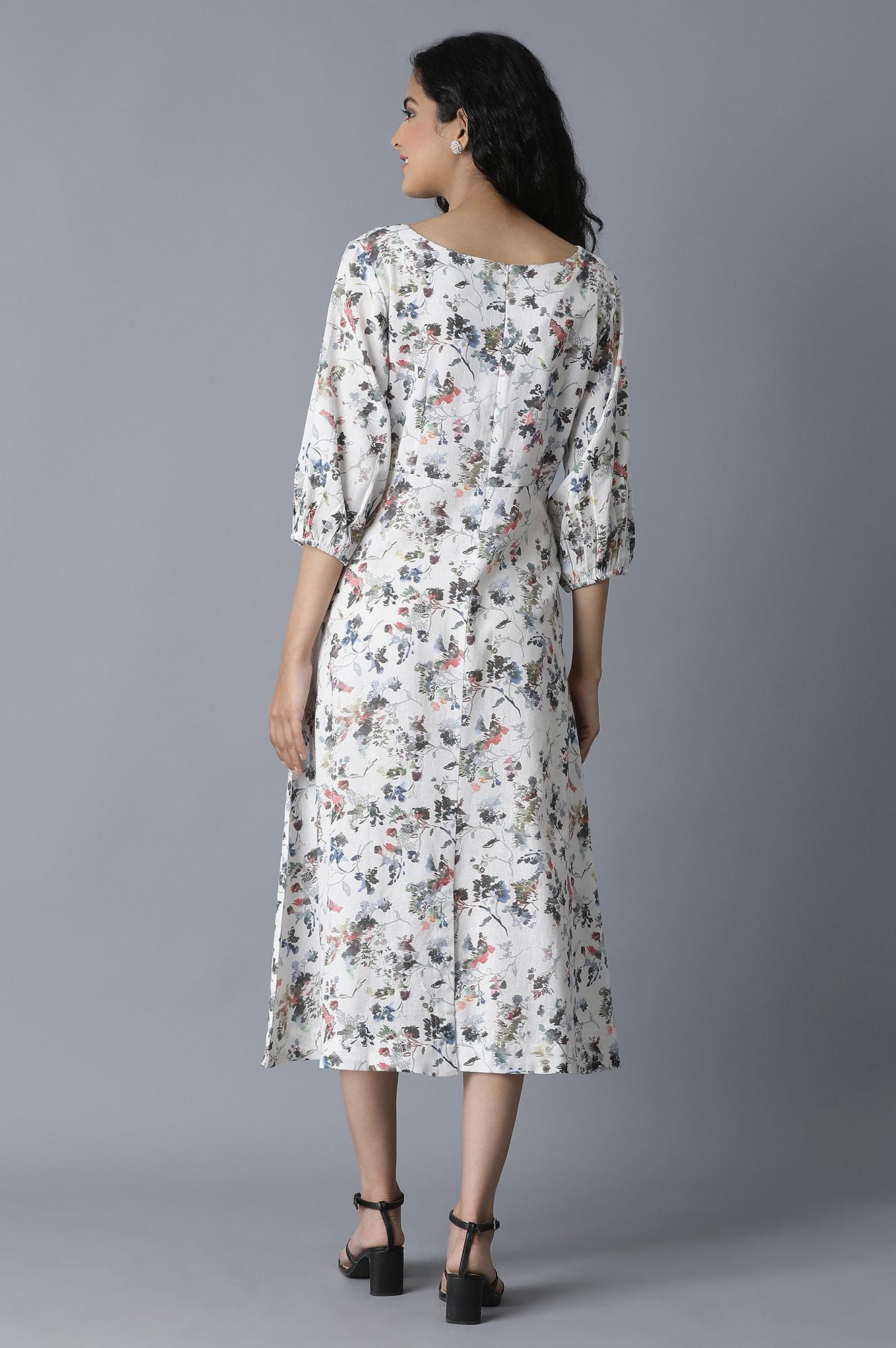 Ecru Floral Print Flared Dress