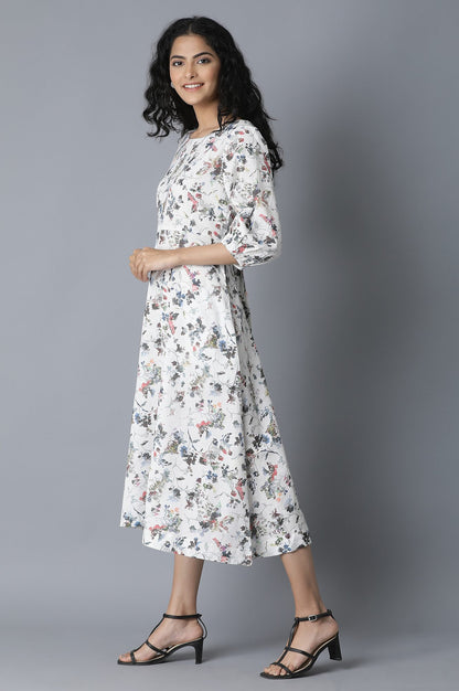 Ecru Floral Print Flared Dress