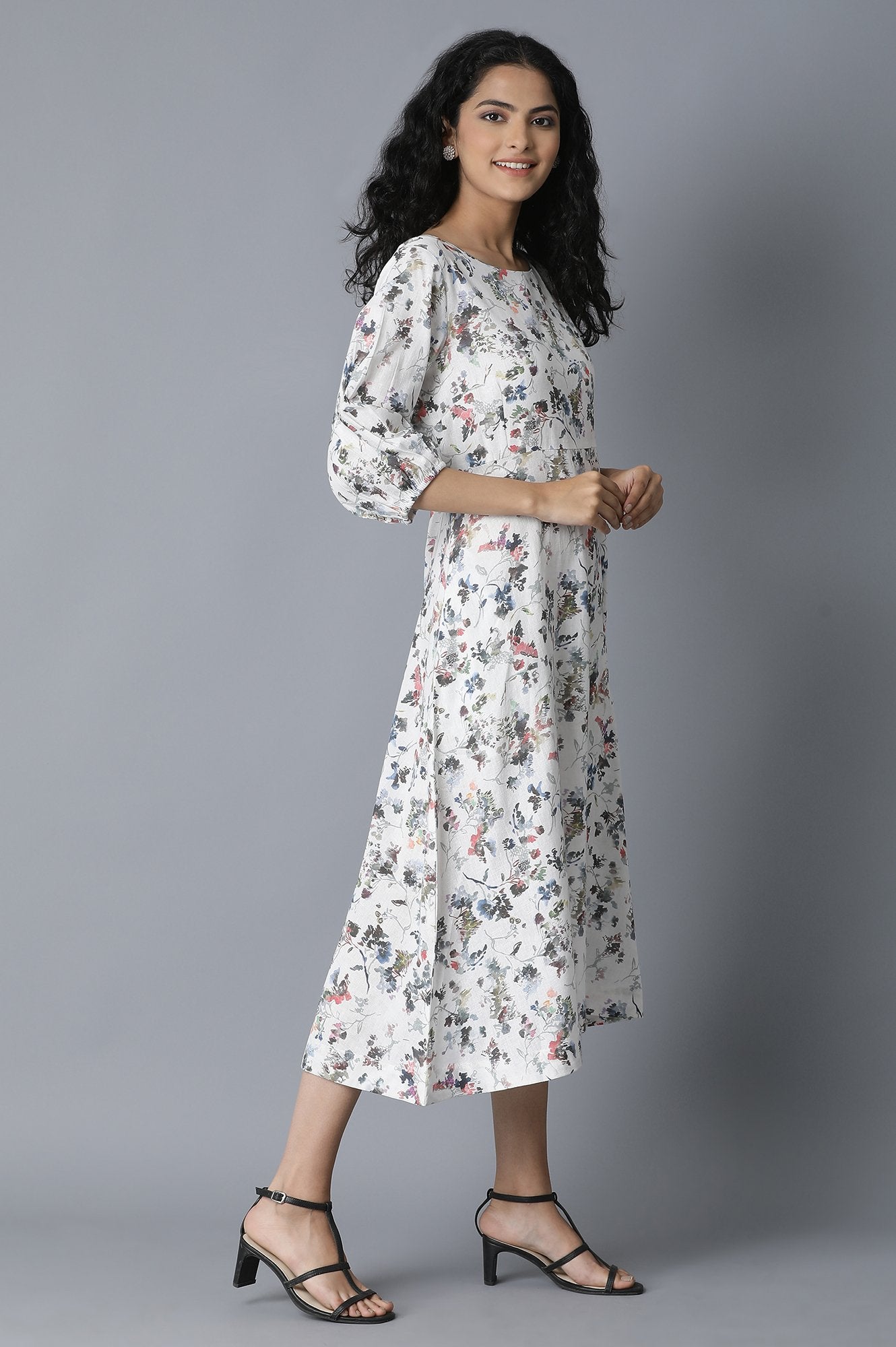 Ecru Floral Print Flared Dress