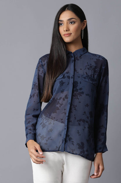 Navy Printed Georgette Shirt