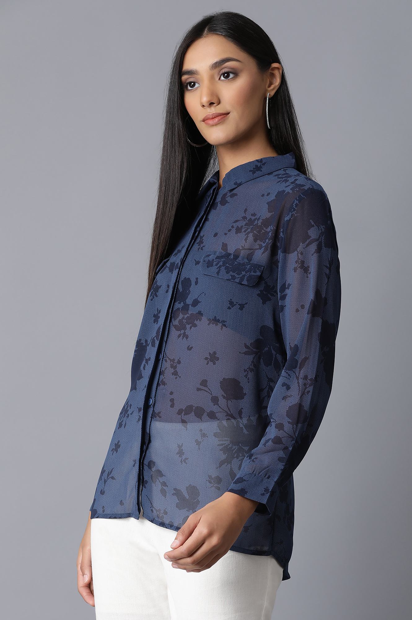 Navy Printed Georgette Shirt