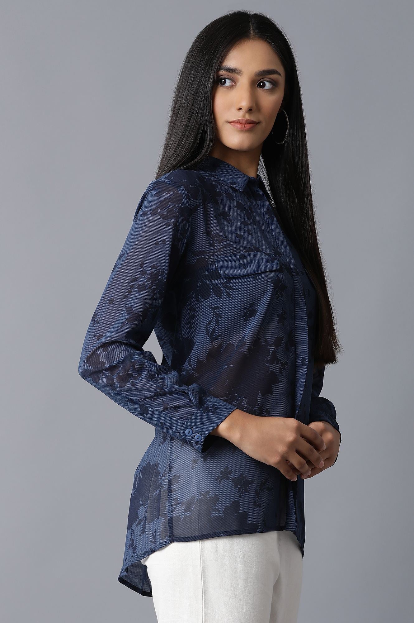 Navy Printed Georgette Shirt