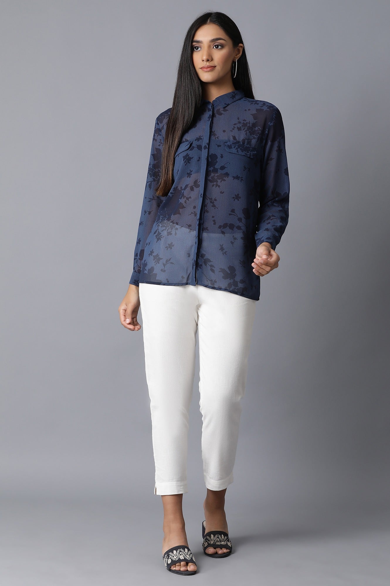 Navy Printed Georgette Shirt