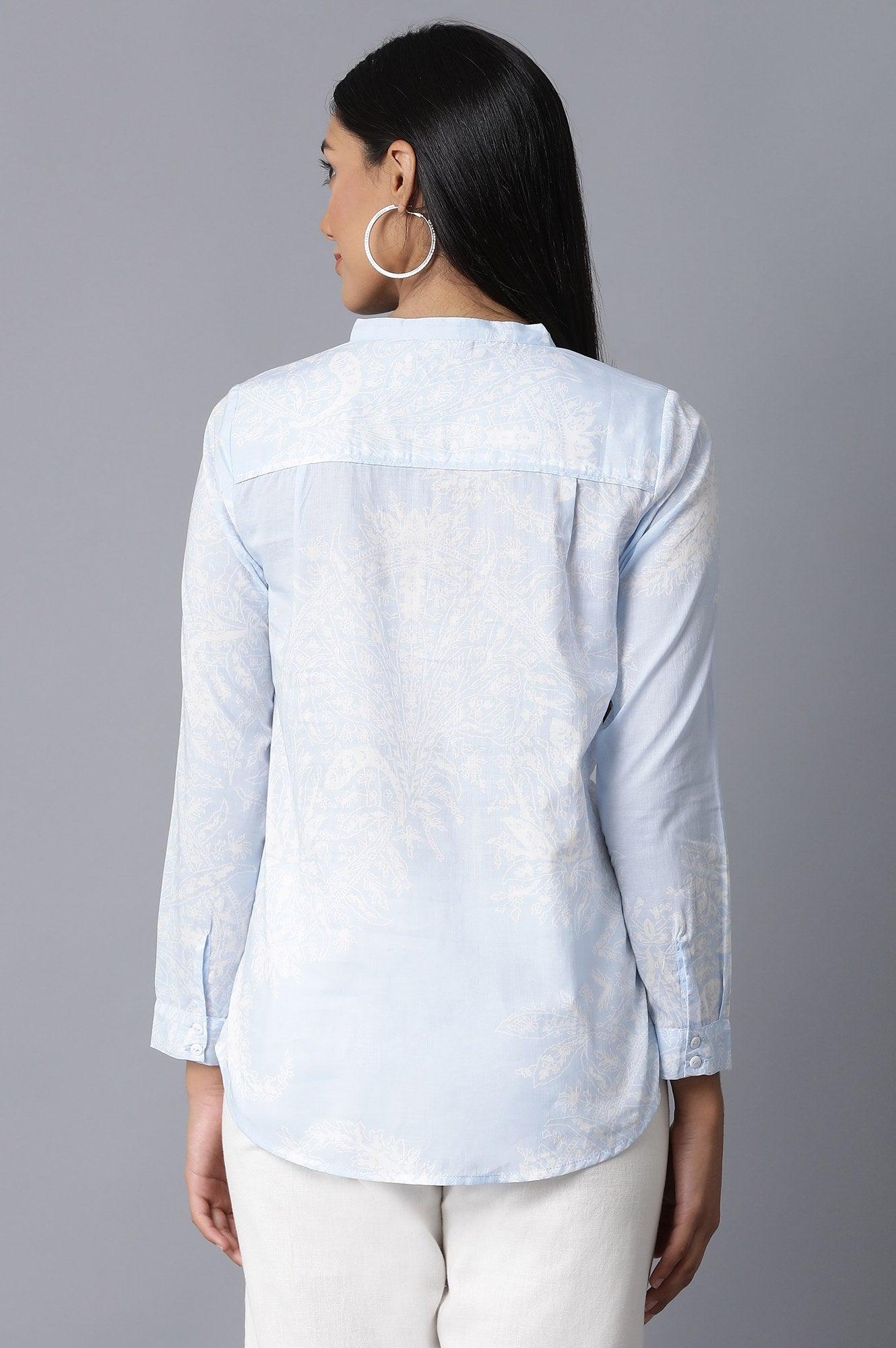 Light Blue Mandarin Collar Shirt - wforwoman