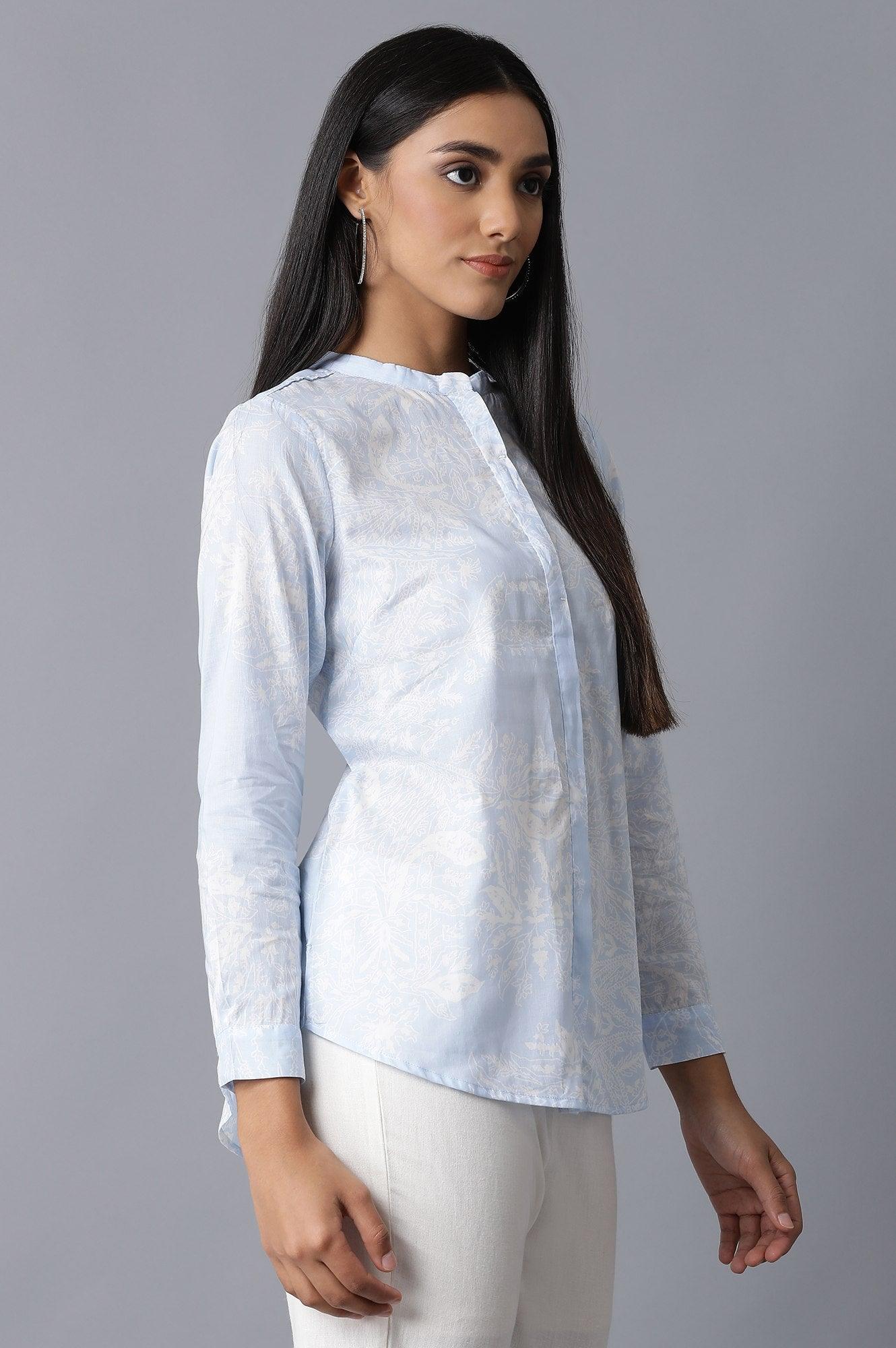 Light Blue Mandarin Collar Shirt - wforwoman