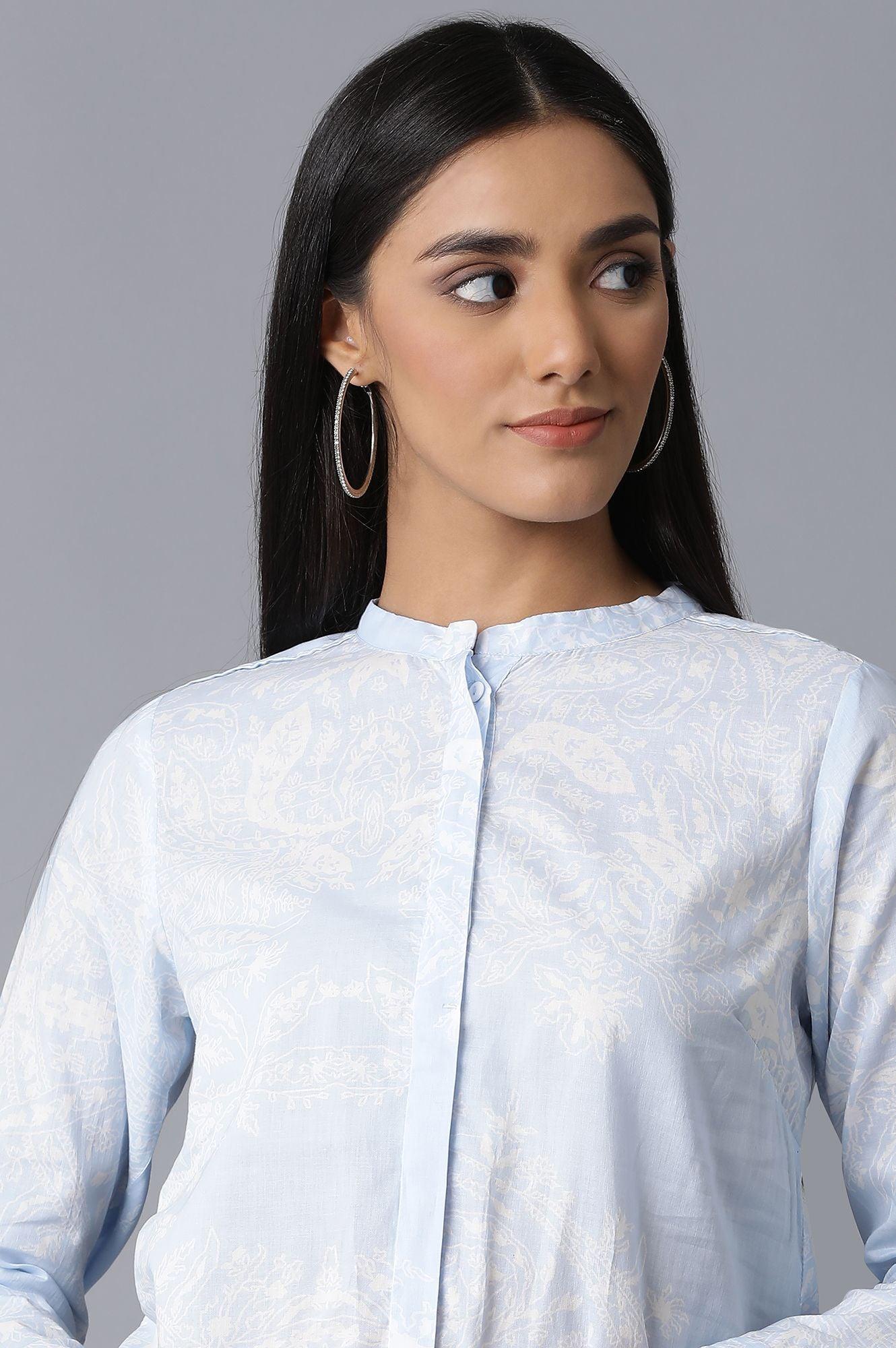 Light Blue Mandarin Collar Shirt - wforwoman