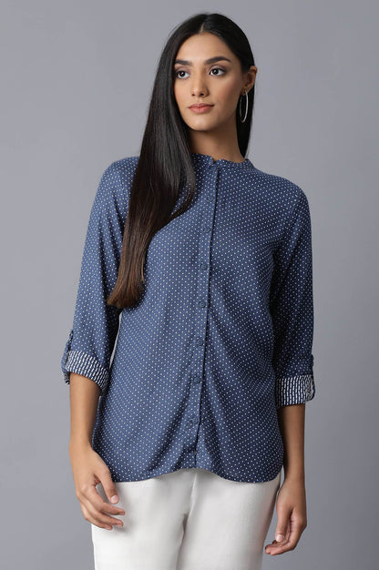 Dark Blue Mandarin Collar Shirt