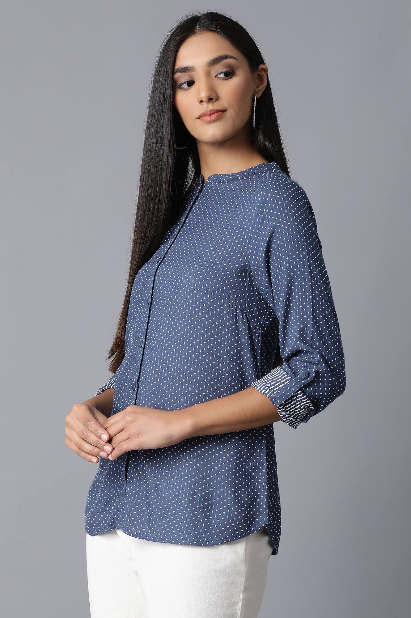 Dark Blue Mandarin Collar Shirt