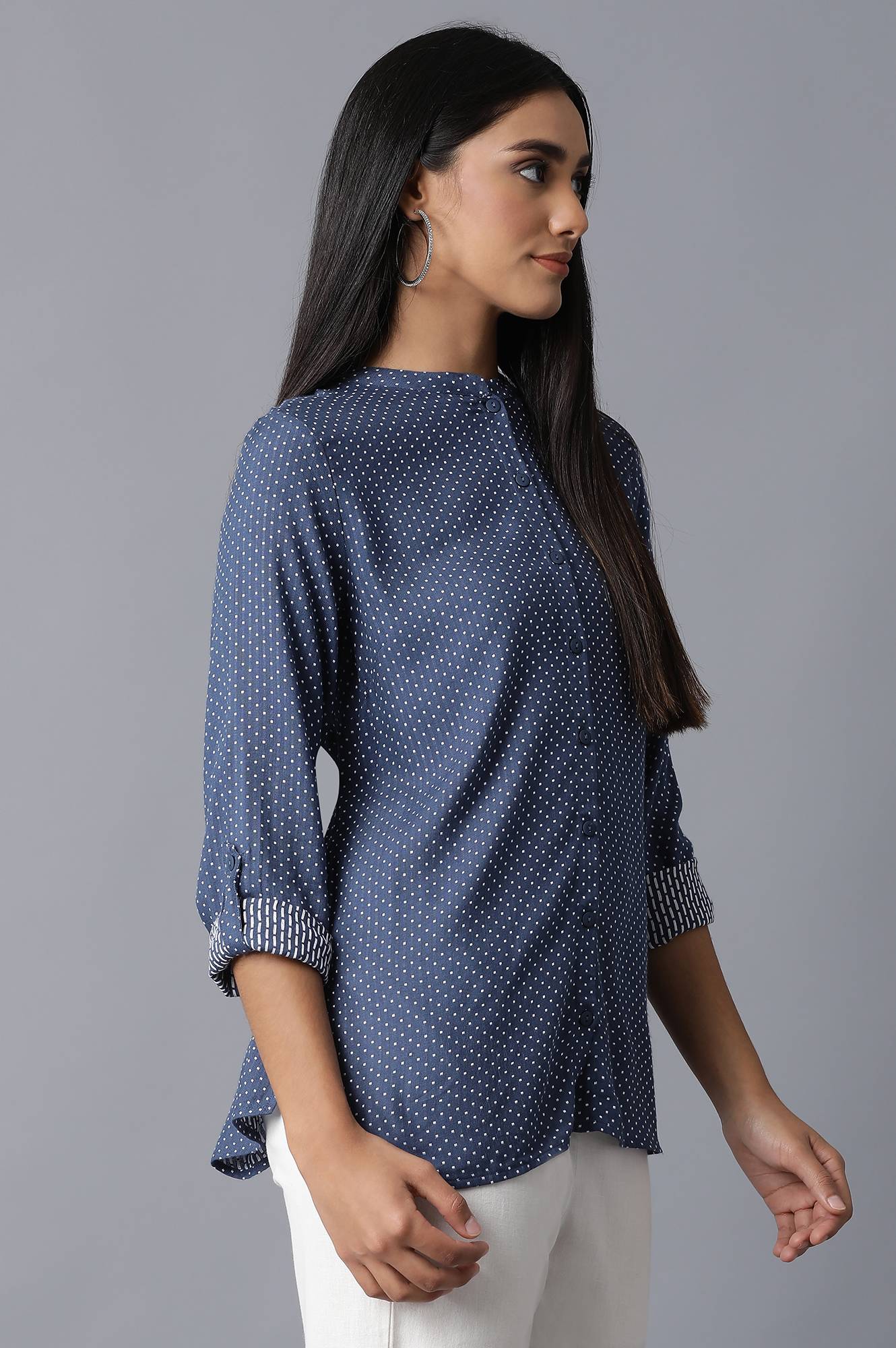 Dark Blue Mandarin Collar Shirt