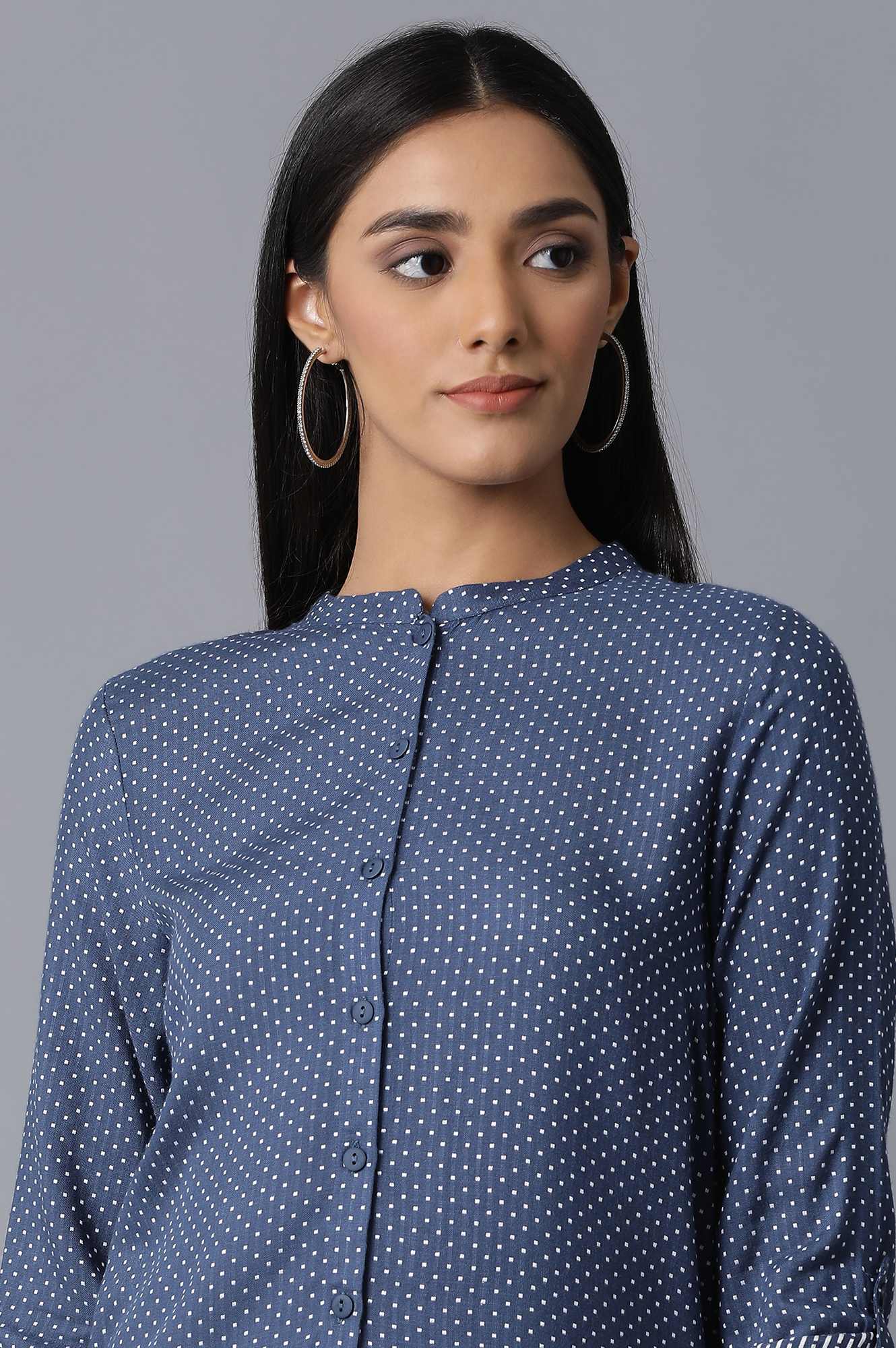 Dark Blue Mandarin Collar Shirt