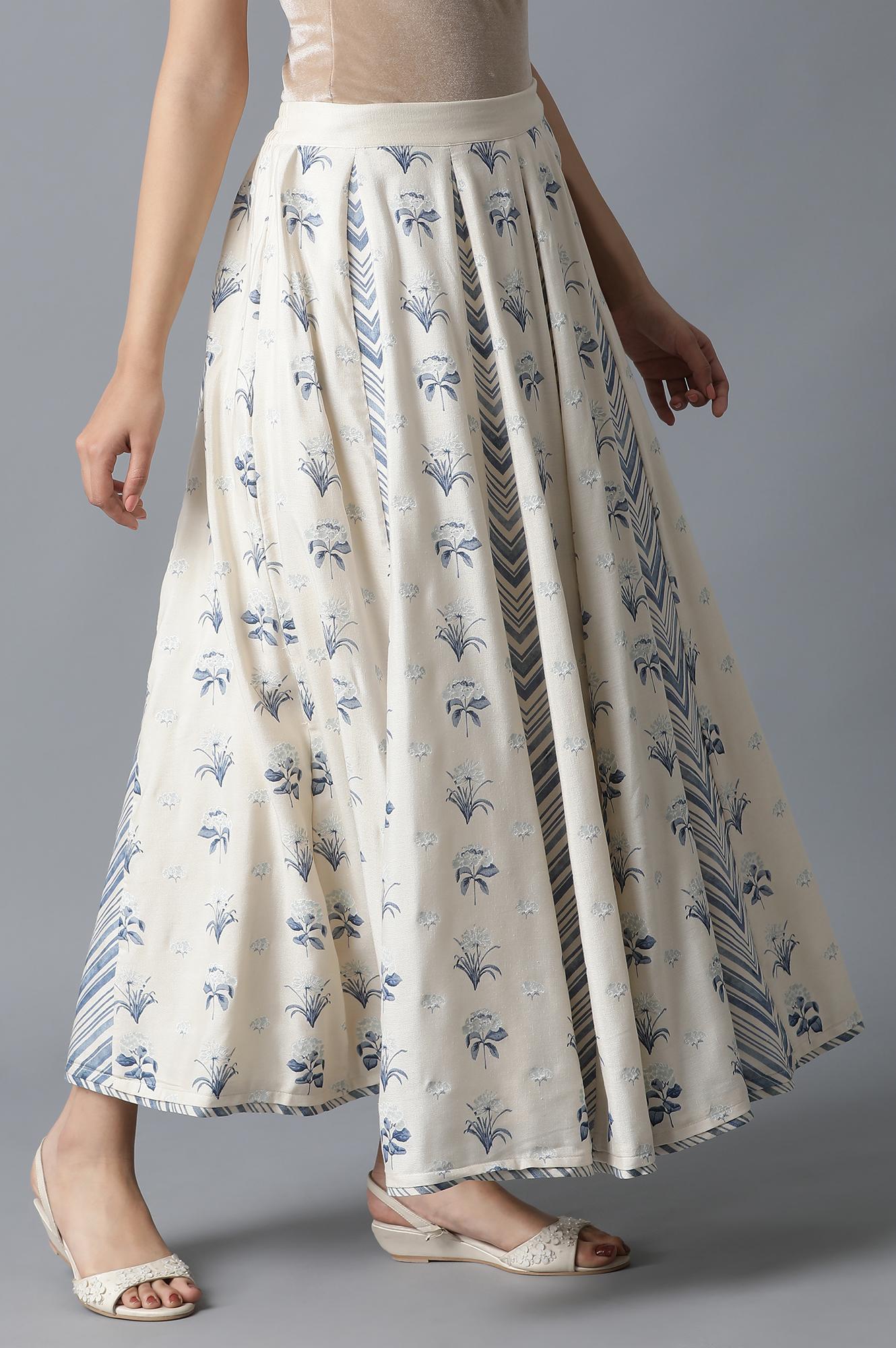 Ecru with Blue Print Skirt